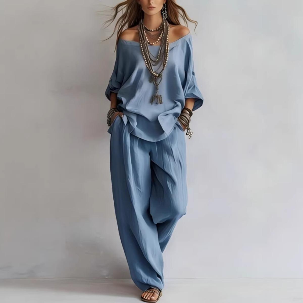Women's Summer Solid 3/4 Sleeve Tops & Wide Leg Pants Set, Casual Loose Simple Fashion Outfit, Daily Holiday Travel Two Piece Set