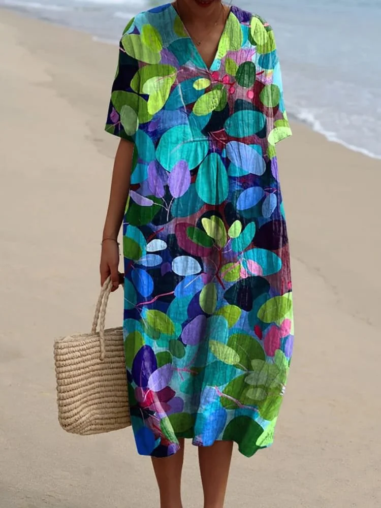 Women's Retro Simple Geometric Lines Watercolor Splash Fluid Art Print Flowy Dress