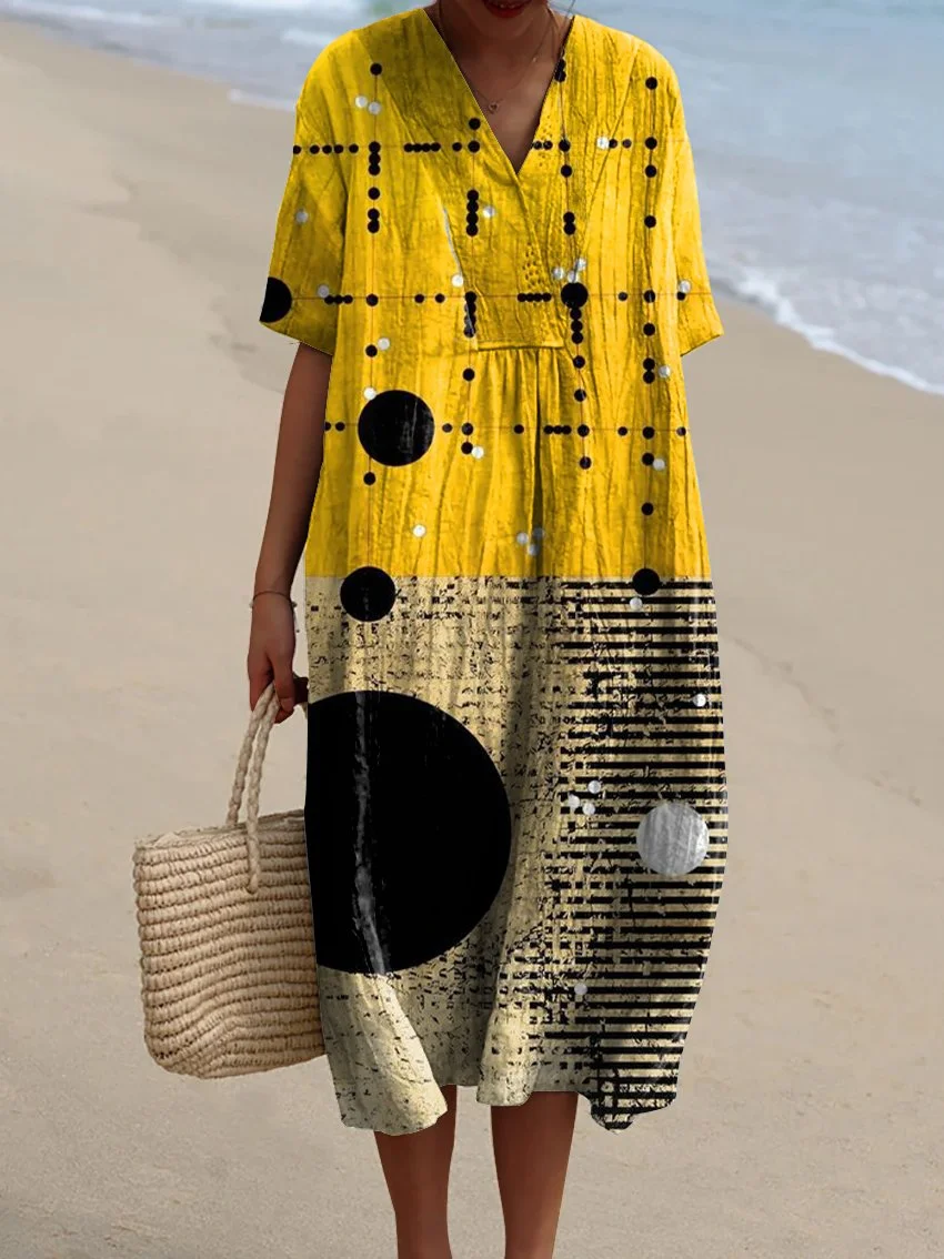 Women's Retro Simple Geometric Lines Watercolor Splash Fluid Art Print Flowy Dress