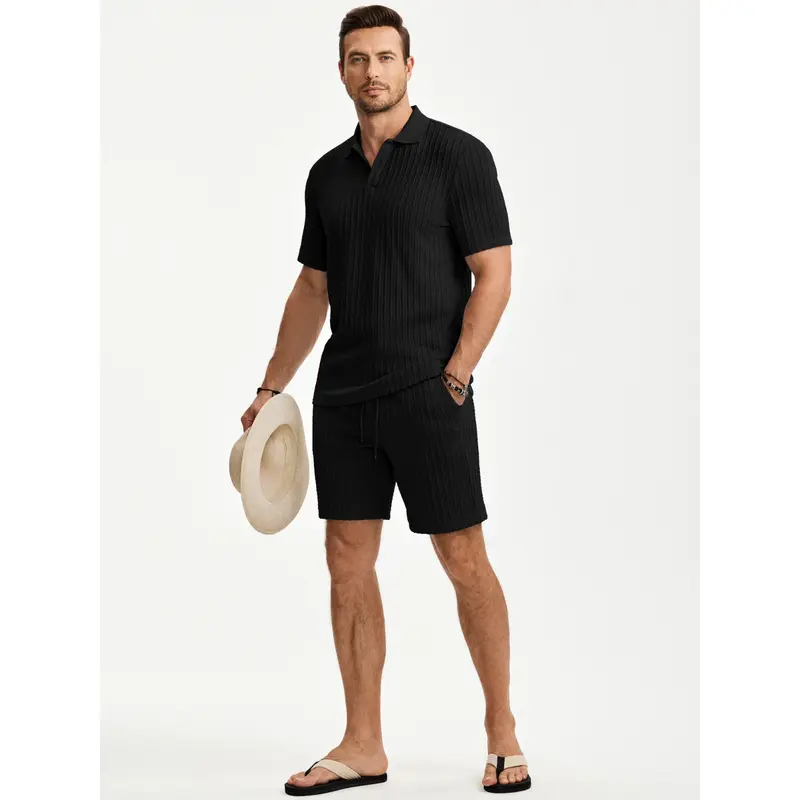 Men 2 Piece Jacquard Knit Lounge Sets Short Sleeve Polo Shirt and Shorts Sets Summer Outfits with Pockets