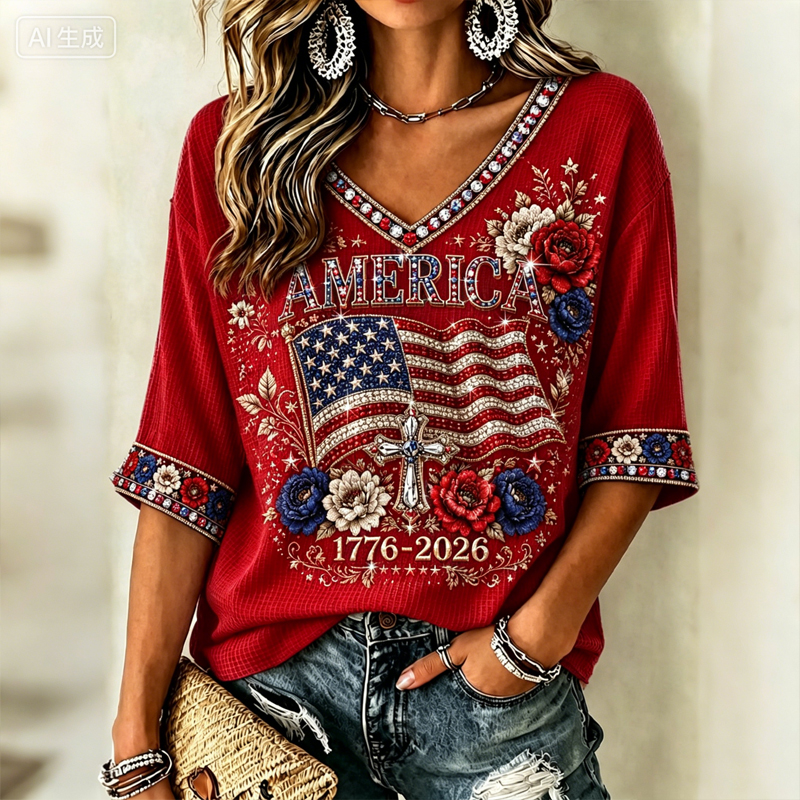 Women's Vintage Independence Day Flag Flower Art V-neck Casual T-shirt