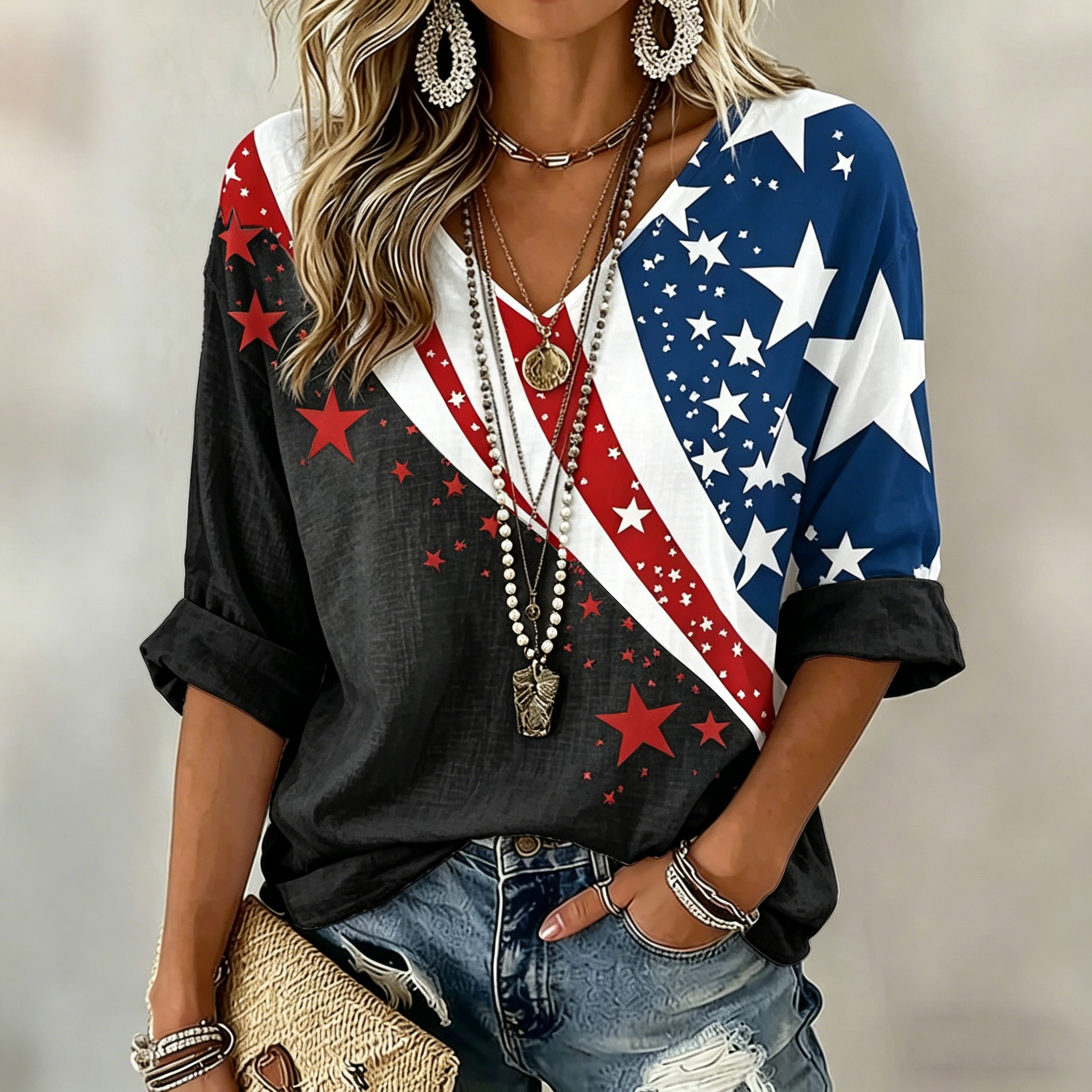 Women's  Flag Art Three-quarter Sleeve V Neck Linen Tops