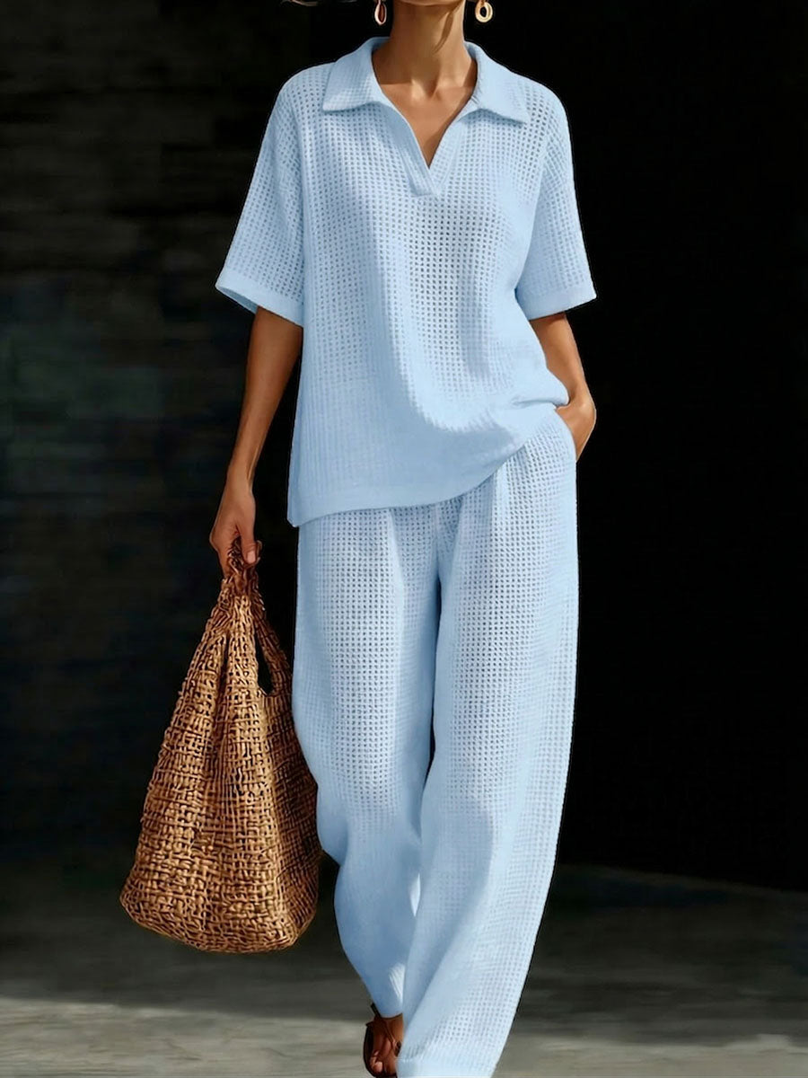 Women's Solid-Color V-Neck Short-Sleeve Casual Waffle-Knit Cotton Top and High-Waisted Wide-Leg Pants Set