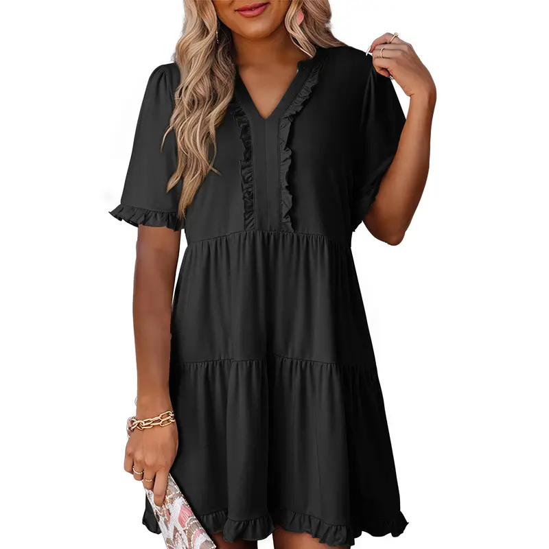 2026 Summer Spring V Neck Ruffle Short Sleeve Casual A-Line Flowy Swing Shift Dress