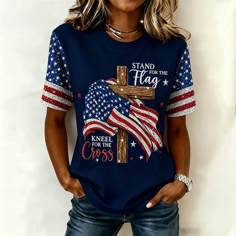 Women's Independence Day Faith Flag Print Crew Neck Short Sleeve T-shirt