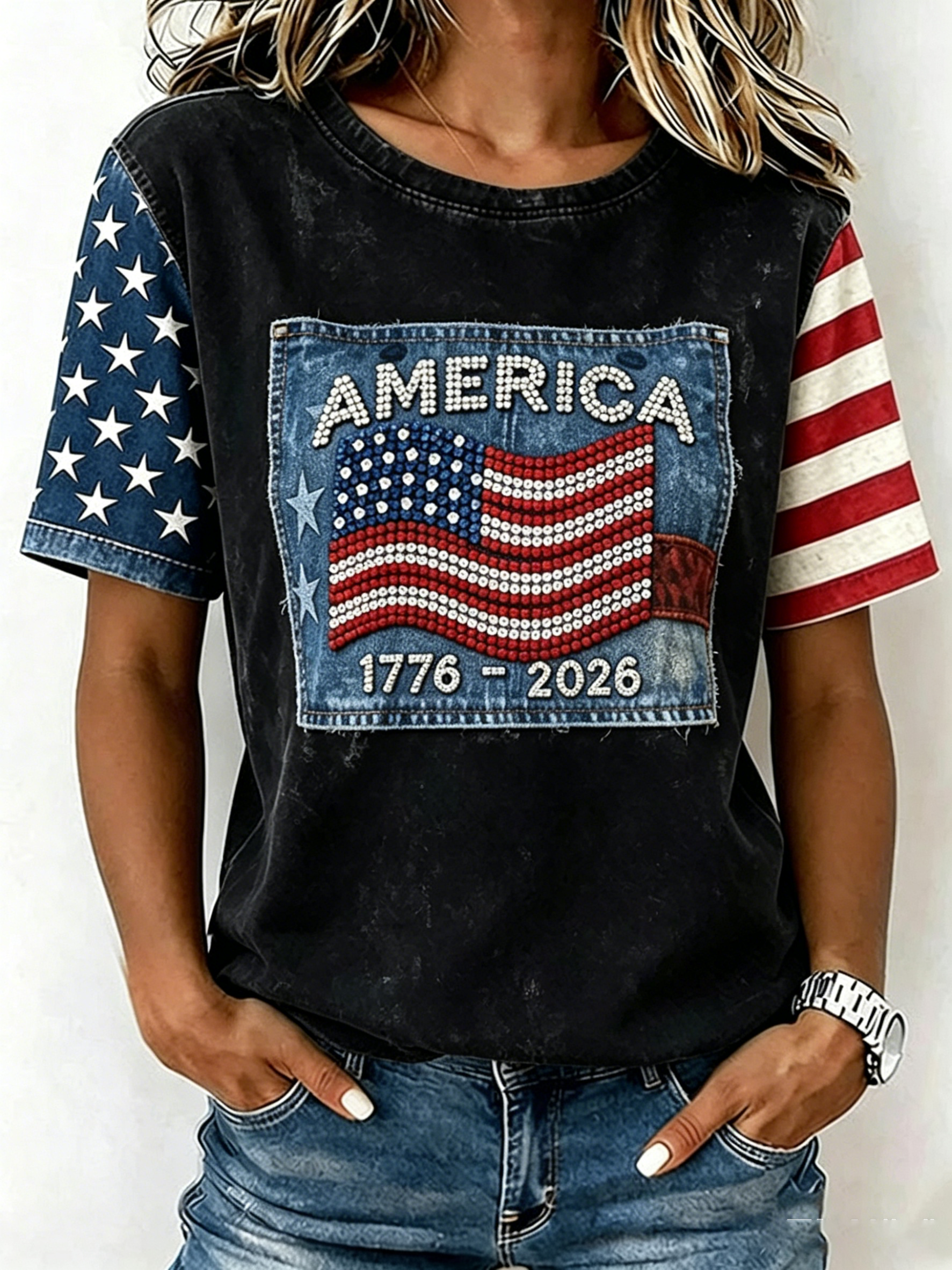 Women's Retro Independence Day Flag Printed T-shirt
