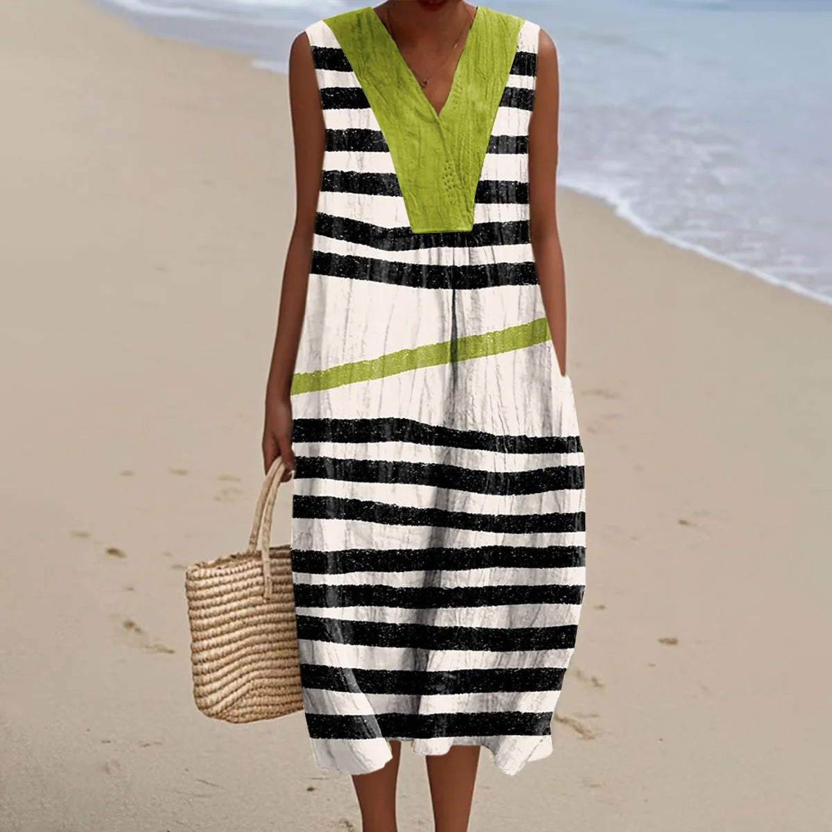 Women's Vintage Colorblock Striped Art Print Sleeveless Cotton Pocket Wrap V Neck Dress