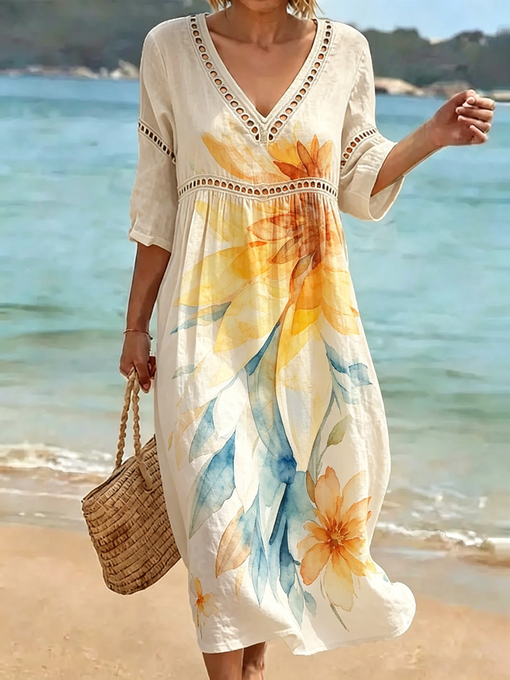 Women's Retro Color-block Floral Art Print Loose Cotton-linen Dress