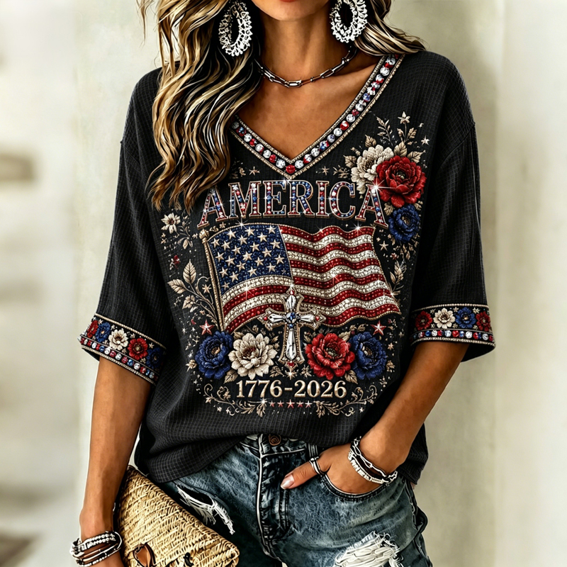 Women's Vintage Independence Day Flag Flower Art V-neck Casual T-shirt