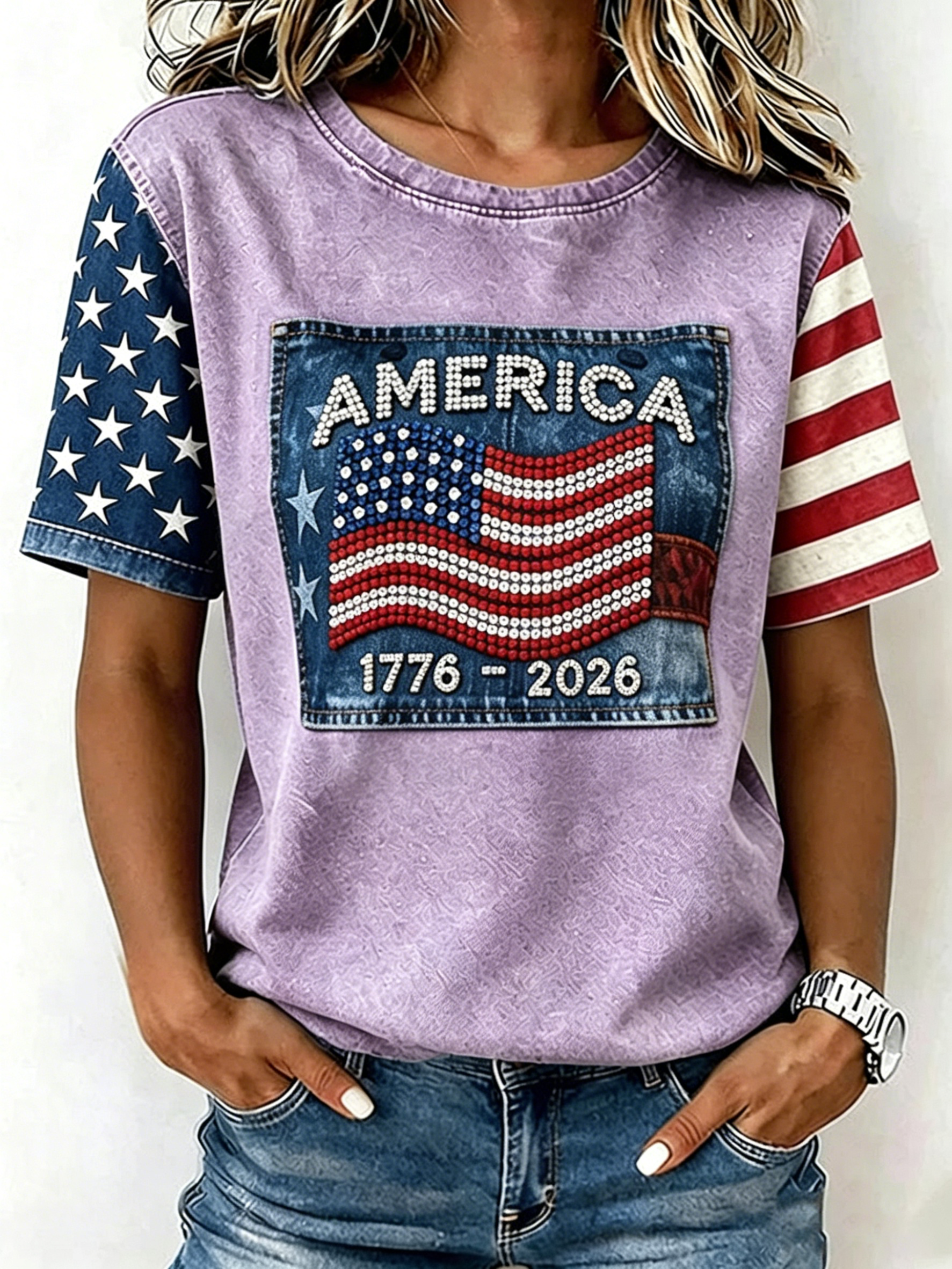 Women's Retro Independence Day Flag Printed T-shirt