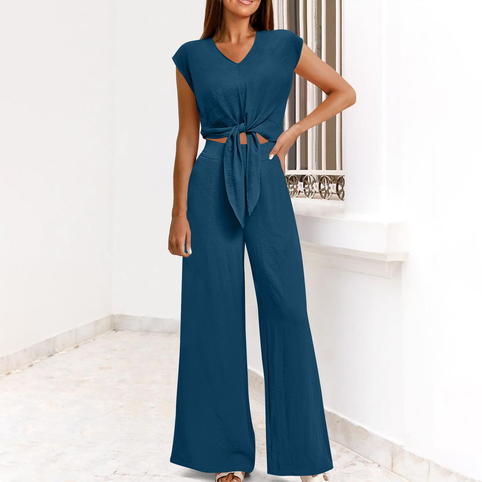 Homenesgenics 2 Piece Outfit for Women Plus Size Women's Casual V-Neck Long Sleeved Lace Up Exposed Navel Top Wide Leg Pants Set Brown M
