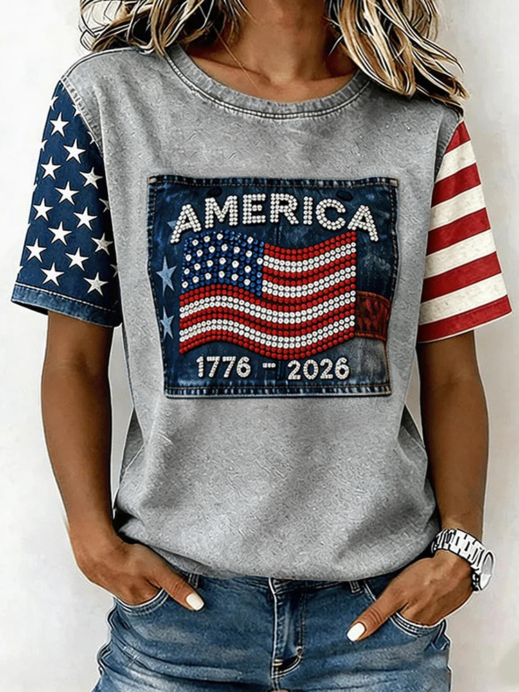 Women's Retro Independence Day Flag Printed T-shirt