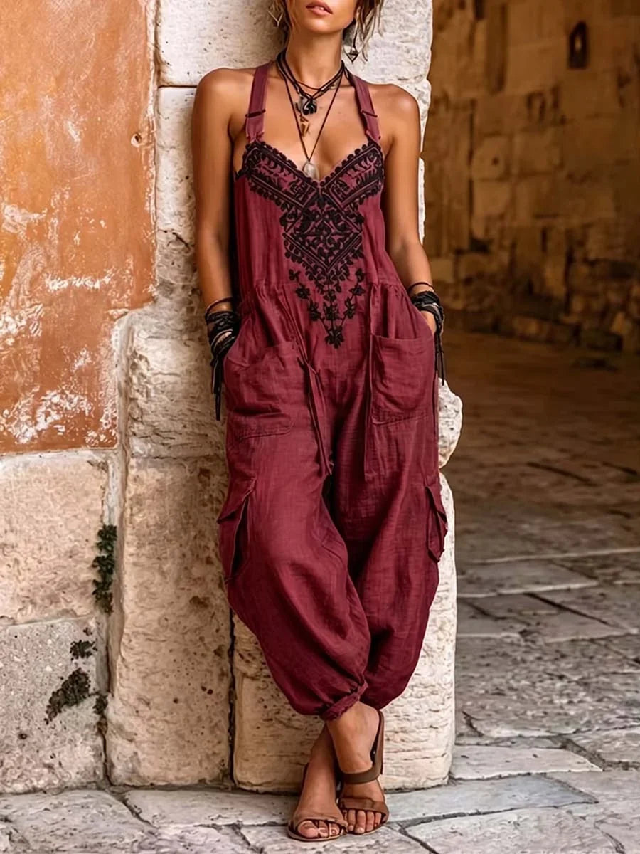 🤲LAST DAY SAVE 49% ⏰Women's V-neck Sleeveless Wide-leg Jumpsuit — Casual, Loose-fit Cotton-linen Blend With Placement Print