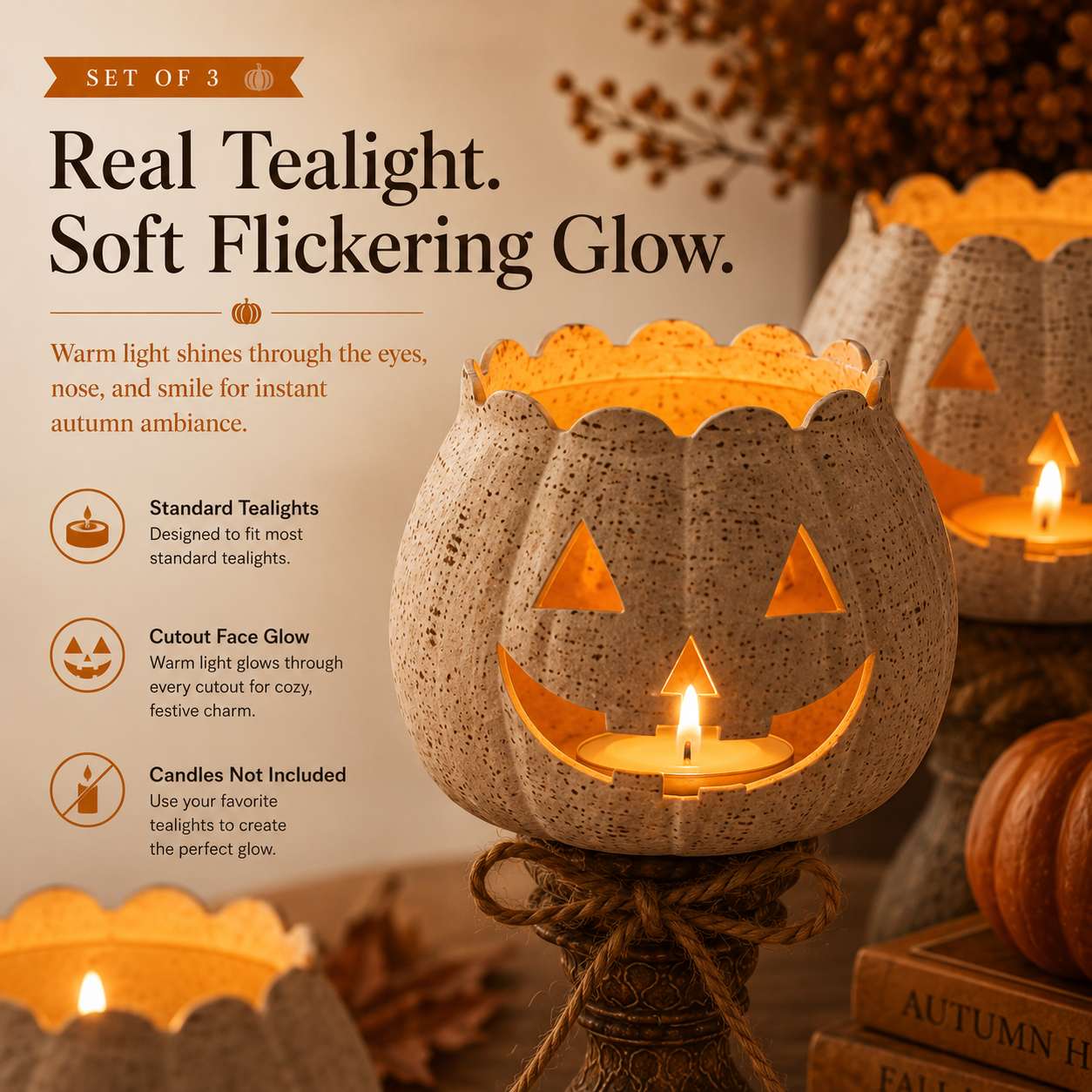 Pumpkin tealight holder glowing with a standard tealight