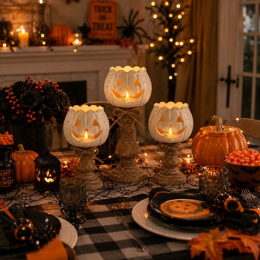 Rustic white pumpkin tealight holders in a Halloween table setting
