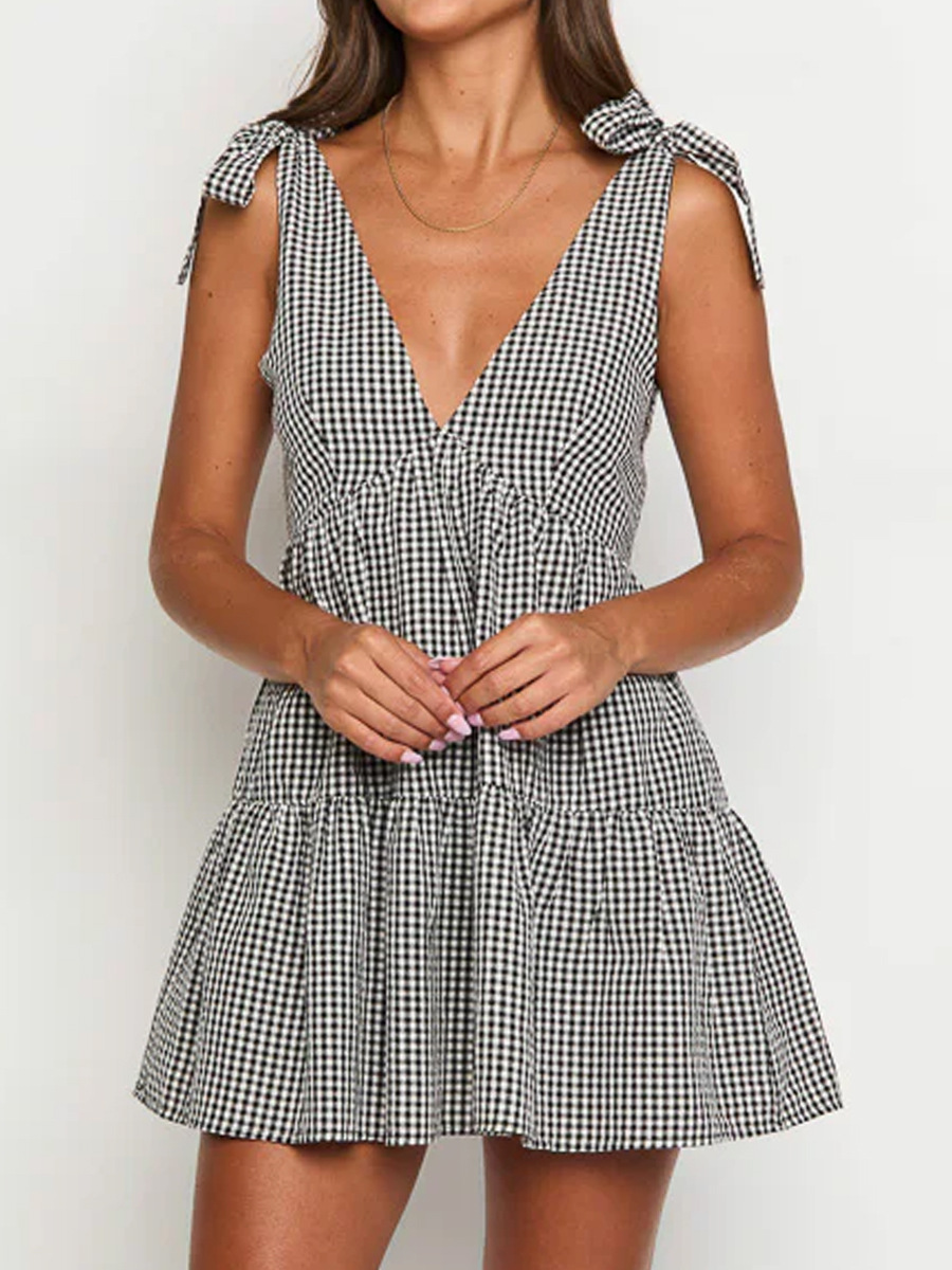 Women's Plaid Print Bow Decor Tie Shoulder Dress