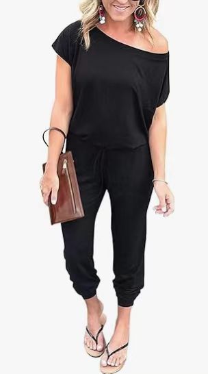 Off-Shoulder Short Sleeve Beam Foot Jumpsuit