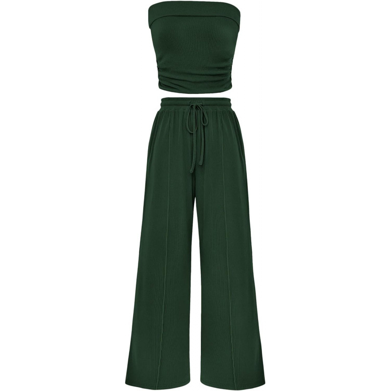 Women's Summer 2-Piece Outfits - Ribbed Knit Crew Neck Sleeveless Cropped Top & Wide Leg Pants Lounge Set