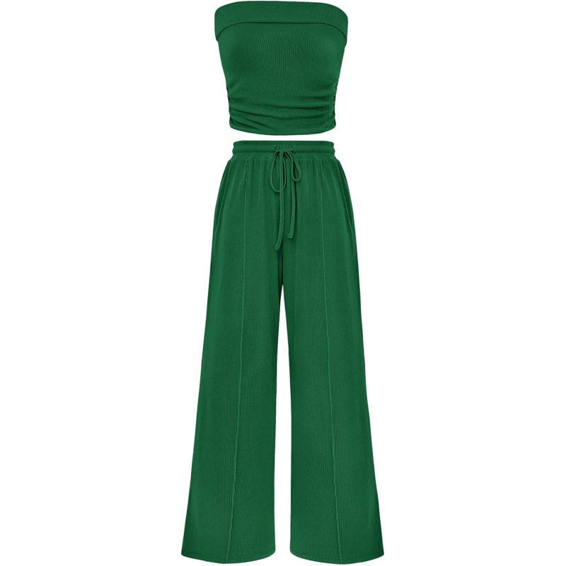 Women's Summer 2-Piece Outfits - Ribbed Knit Crew Neck Sleeveless Cropped Top & Wide Leg Pants Lounge Set