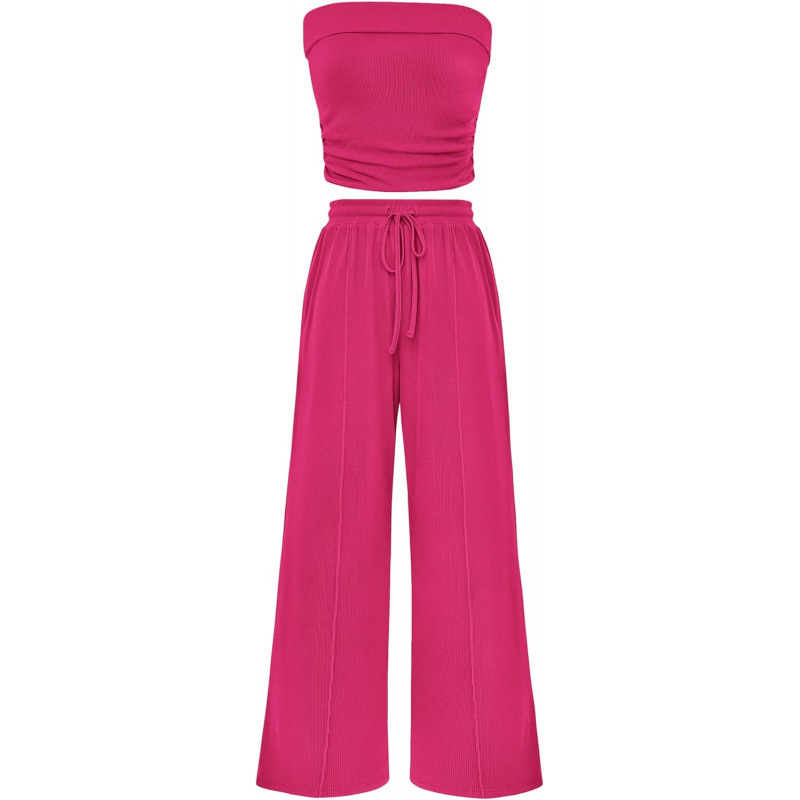 Women's Summer 2-Piece Outfits - Ribbed Knit Crew Neck Sleeveless Cropped Top & Wide Leg Pants Lounge Set