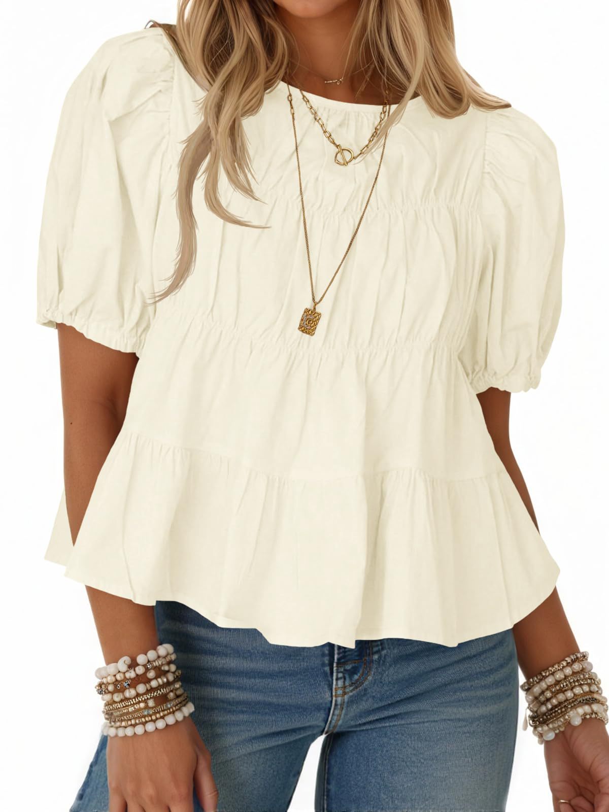 Tiered Round Neck Puff Sleeve Ruched Blouse