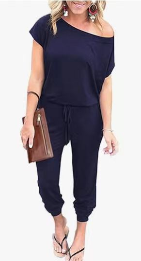Off-Shoulder Short Sleeve Beam Foot Jumpsuit