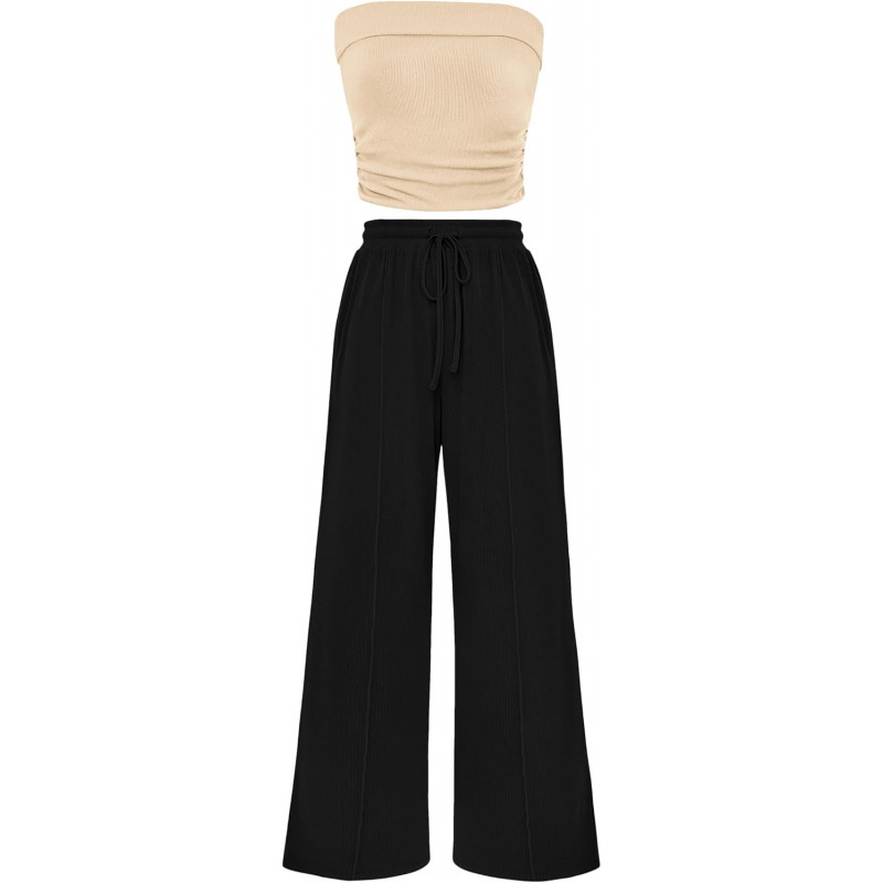 Women's Summer 2-Piece Outfits - Ribbed Knit Crew Neck Sleeveless Cropped Top & Wide Leg Pants Lounge Set