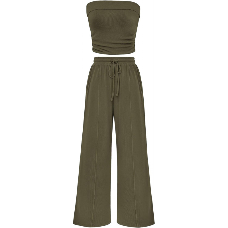 Women's Summer 2-Piece Outfits - Ribbed Knit Crew Neck Sleeveless Cropped Top & Wide Leg Pants Lounge Set