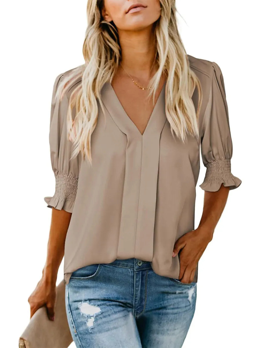 Smocked Flounce Sleeve Notched Neck Blouse