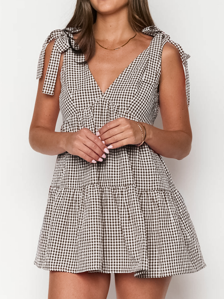 Women's Plaid Print Bow Decor Tie Shoulder Dress