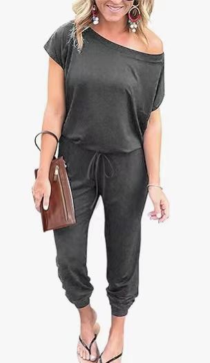 Off-Shoulder Short Sleeve Beam Foot Jumpsuit
