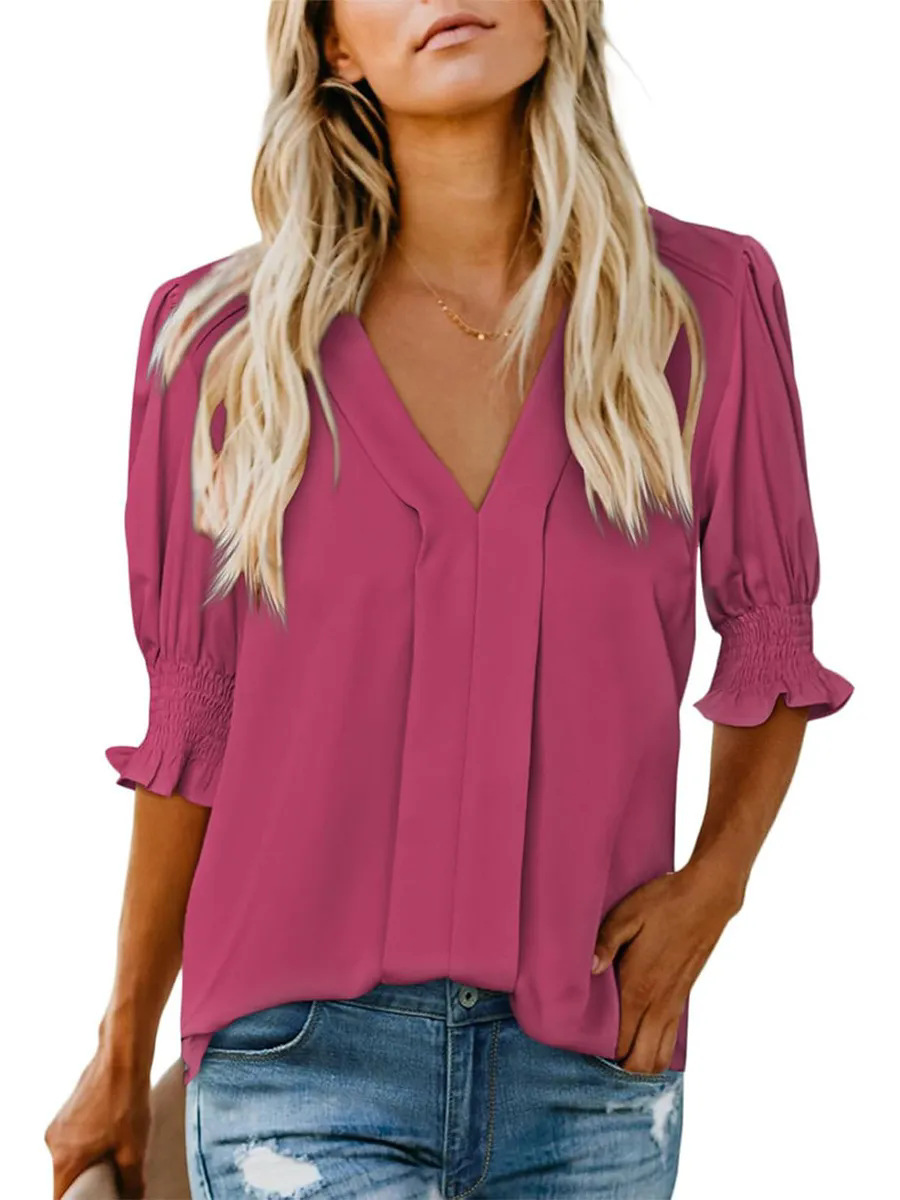 Smocked Flounce Sleeve Notched Neck Blouse