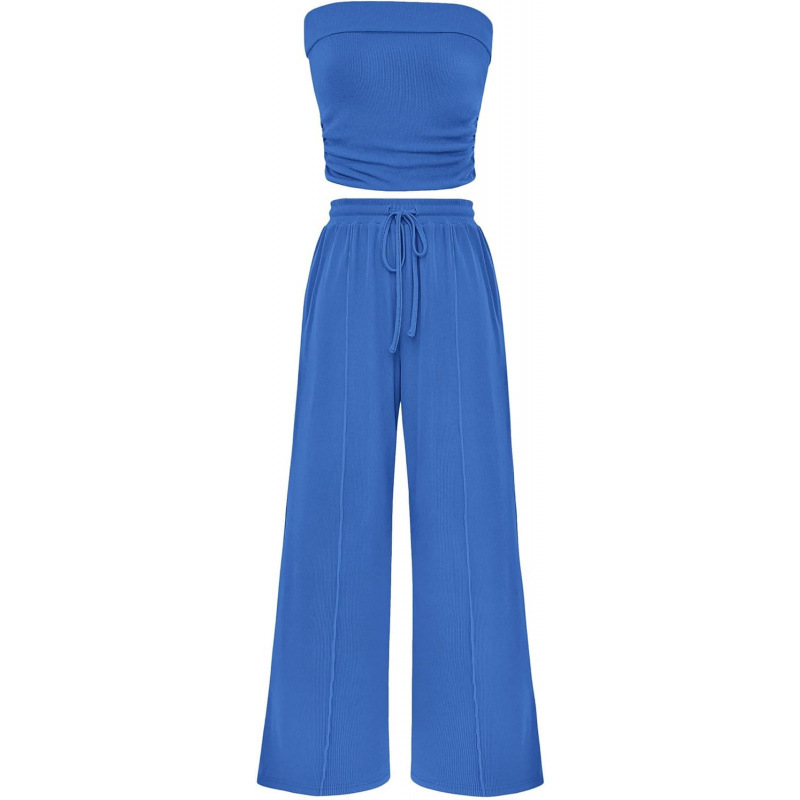 Women's Summer 2-Piece Outfits - Ribbed Knit Crew Neck Sleeveless Cropped Top & Wide Leg Pants Lounge Set