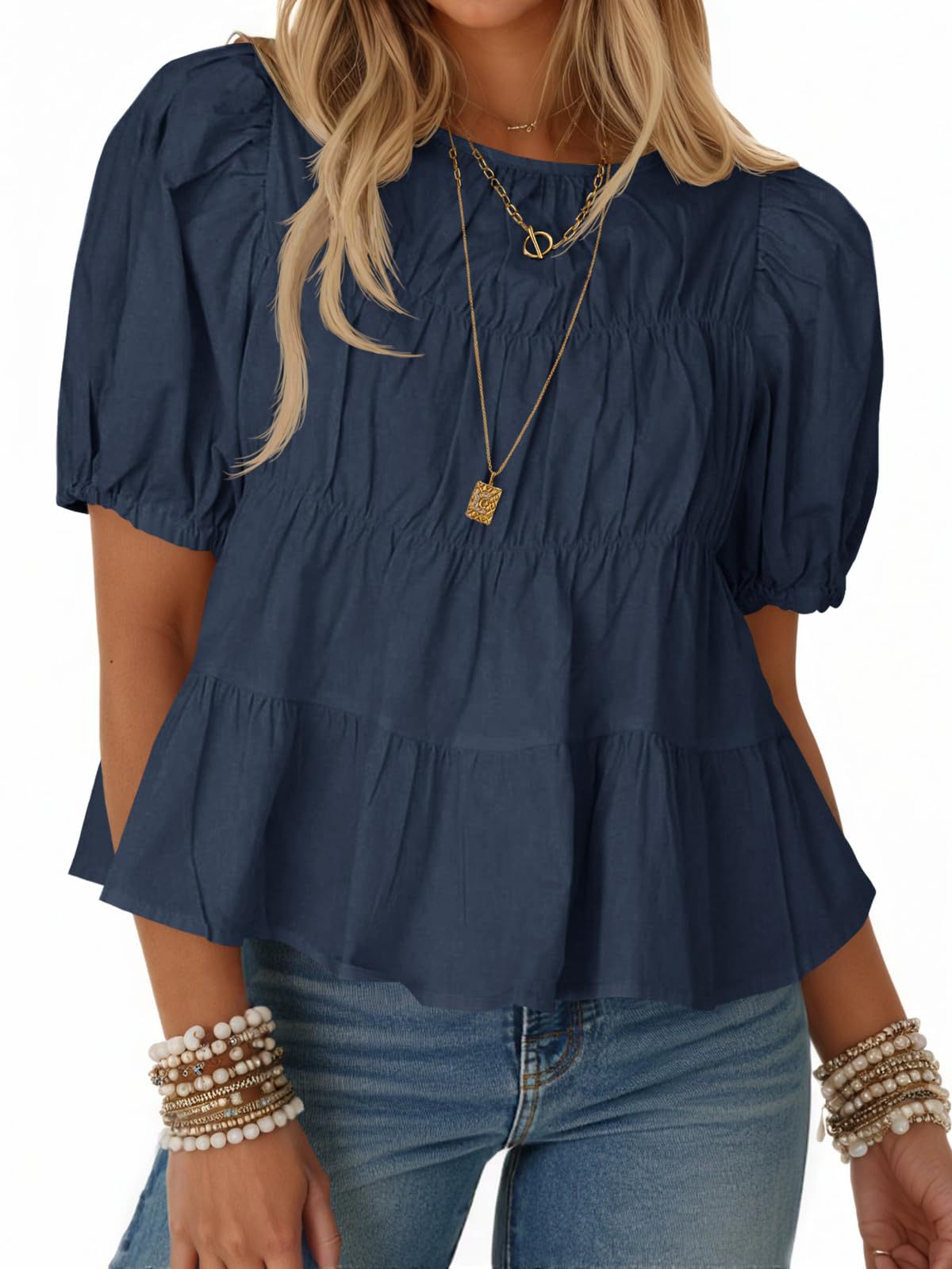 Tiered Round Neck Puff Sleeve Ruched Blouse