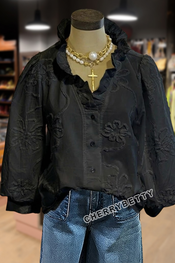 Embroidered Flower Ruffle Neck Puff Sleeve Top