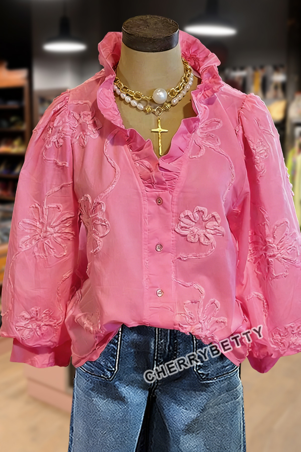 Embroidered Flower Ruffle Neck Puff Sleeve Top