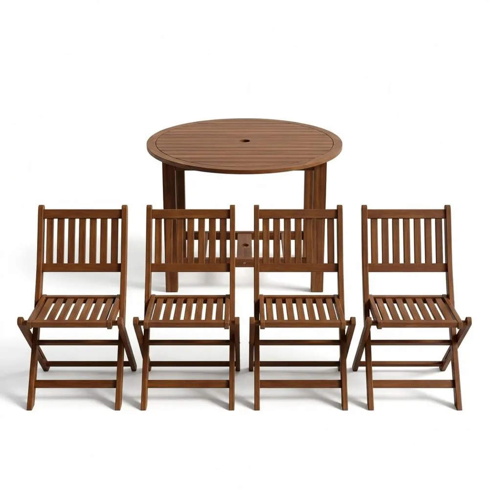 Runder Esstisch aus Akazienholz mit 4 Klappstühlen, Braun
