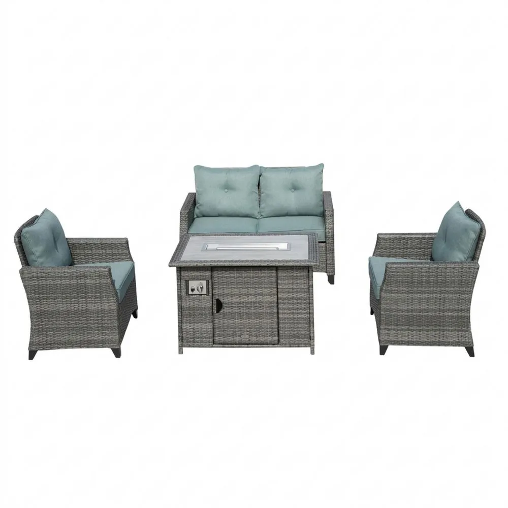 Gartenmöbel-Set aus Polyrattan Grau mit Polsterung Blau, Sofa und Tisch mit Feuerstelle
