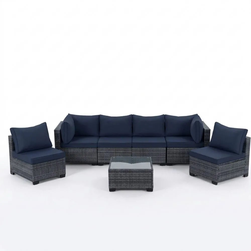 Rattan Gartenmöbel-Set 5-teilig Dunkelblau Grau