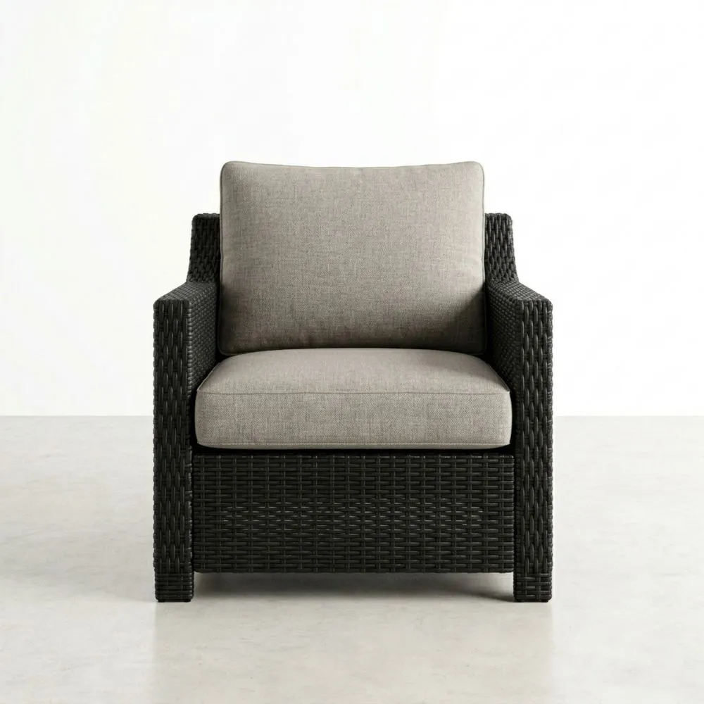 Rattan Outdoor Sessel mit Polyesterkissen Schwarz/Grau