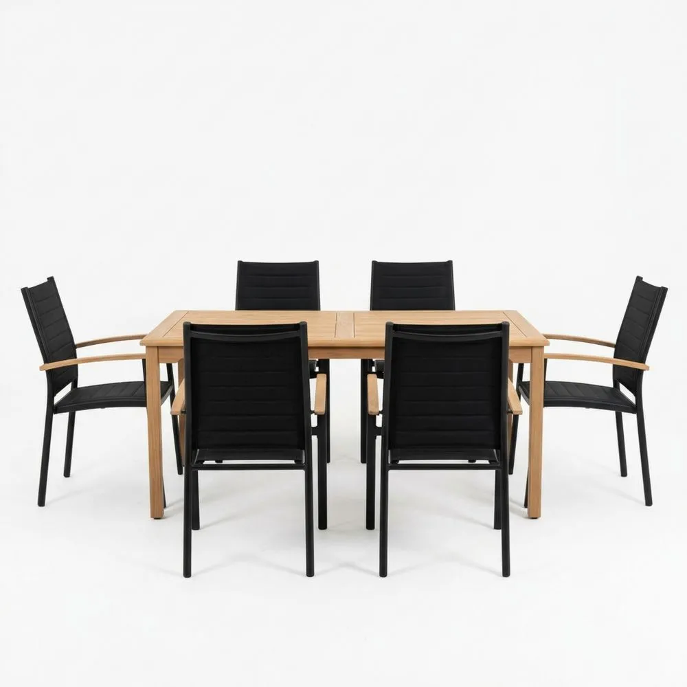 Teakholz Gartentischset mit 6 Aluminiumstühlen, Schwarz, Tisch 180x90x75 cm