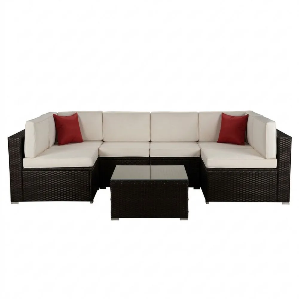Gartenmöbel Set Polyrattan mit Kissen und Glastisch, Dunkelbraun/Beige