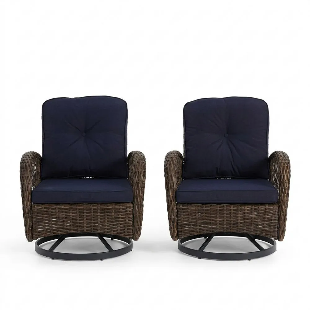 2er Set Rattan Drehstühle mit Kissen Stahlrahmen Dunkelblau/Braun