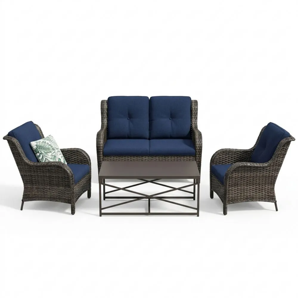 Rattan Gartenmöbel Set Stahl Dunkelbraun Blau