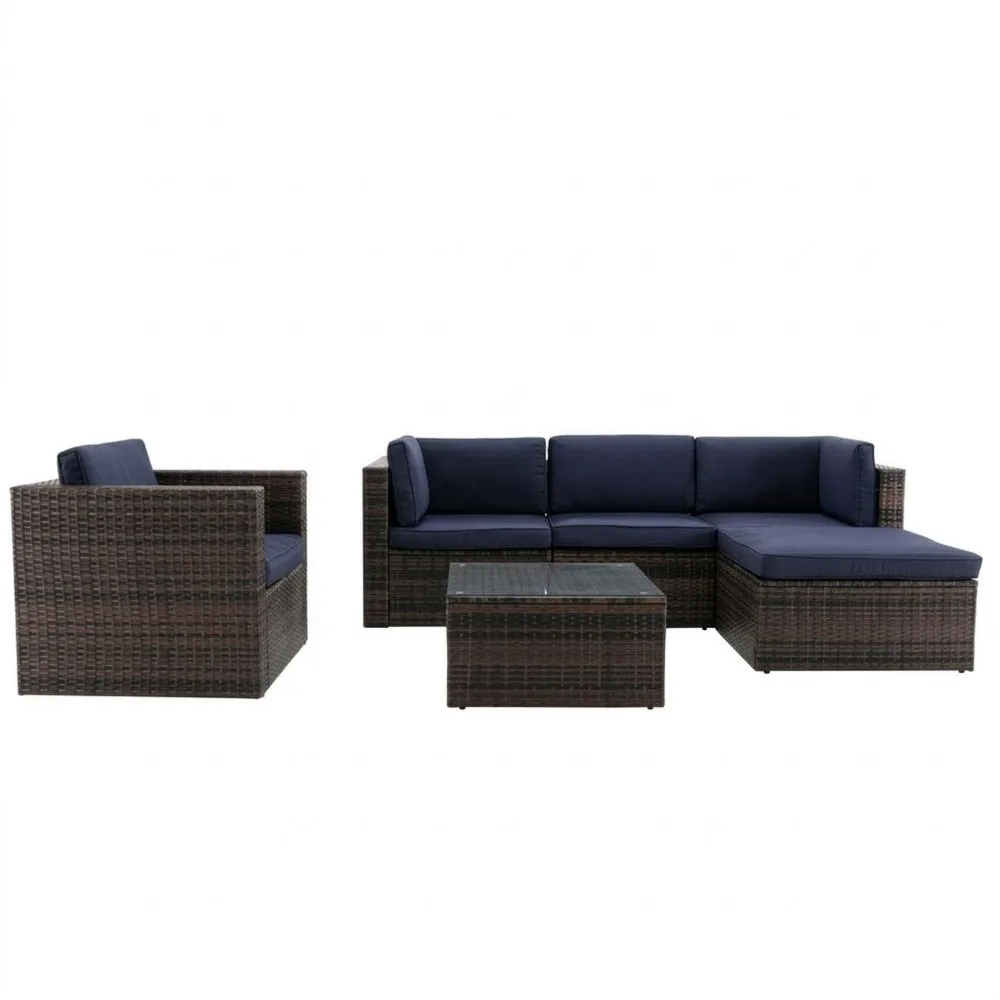 Rattan-Sofagarnitur mit Tisch und Sessel Dunkelbraun/Blau