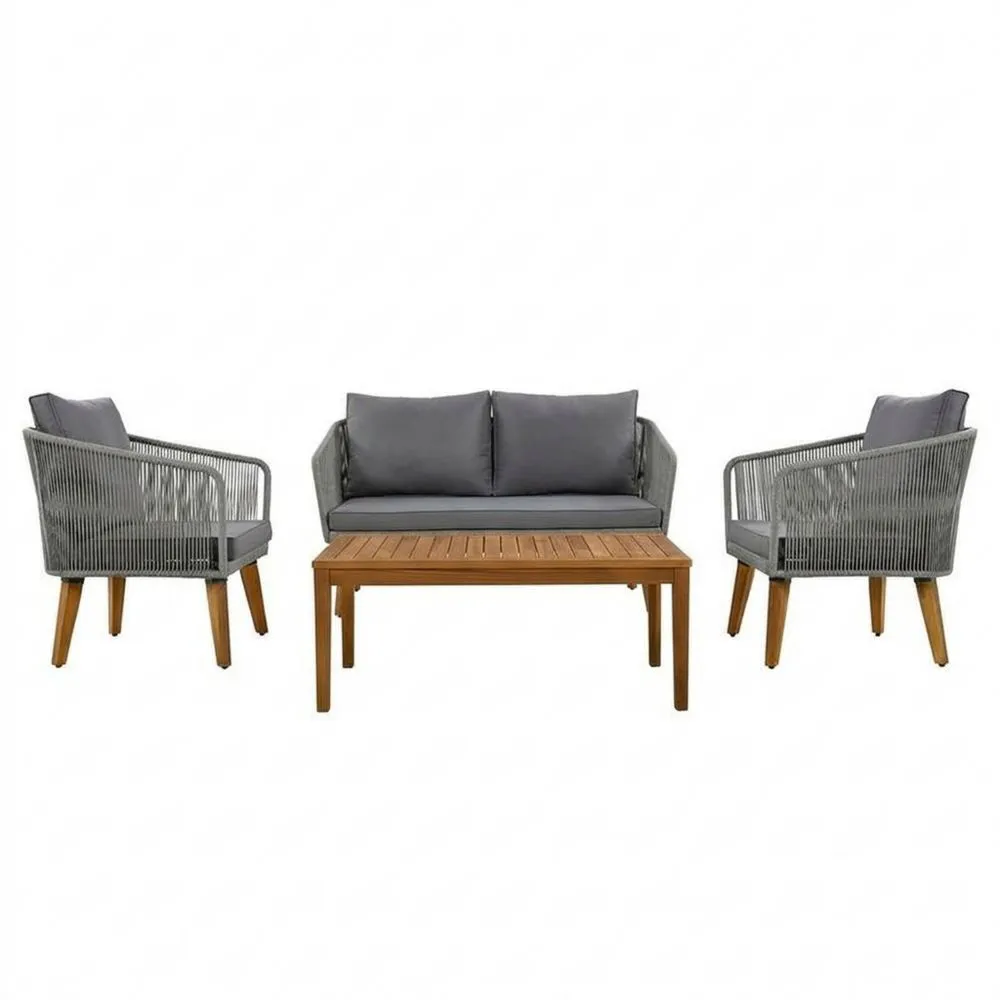 Gartenmöbelset aus grauem Massivholz und Polyesterkissen