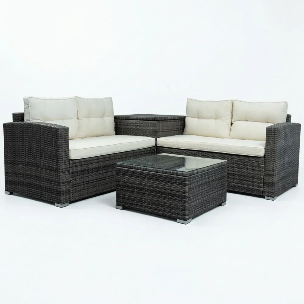 Rattan Gartenmöbel Set Ecksofa mit Kaffeetisch Glasplatte Grau Beige