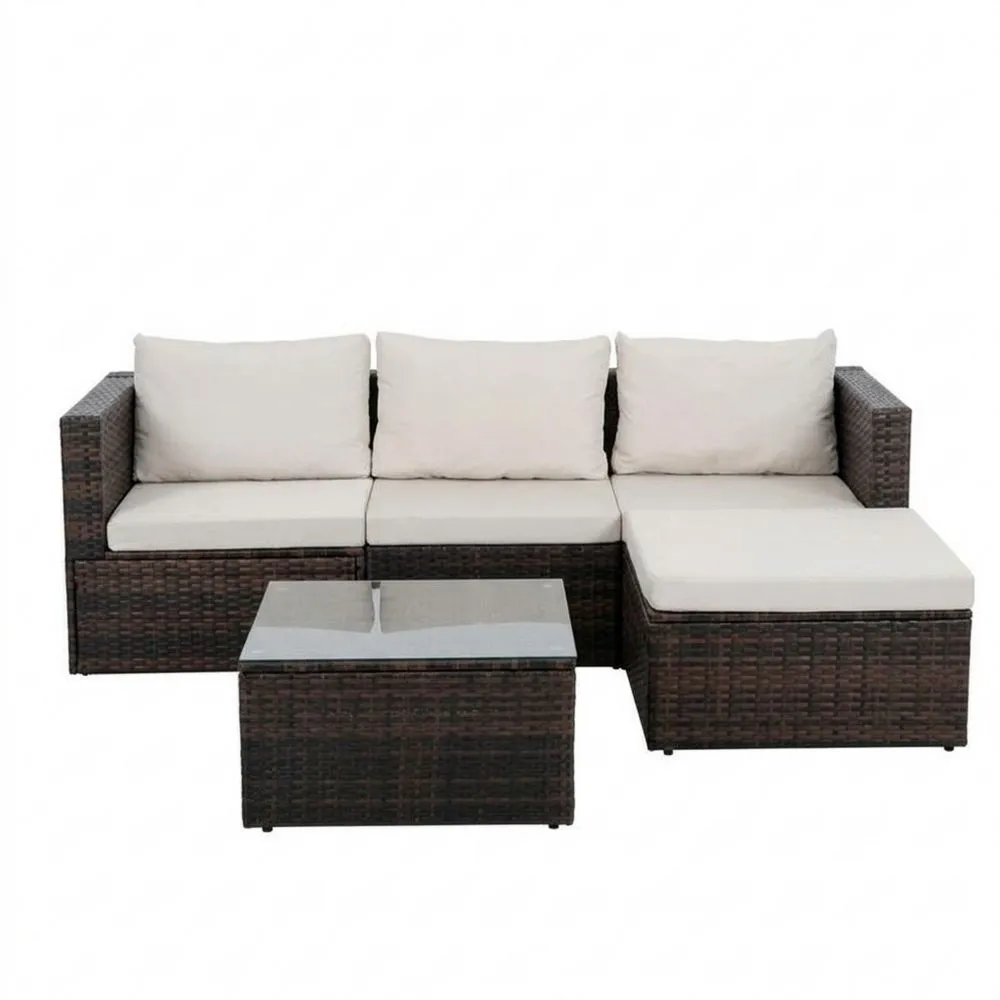 Rattan Gartenmöbel Set mit Kissen und Glas Couchtisch aus Polyrattan Braun Beige