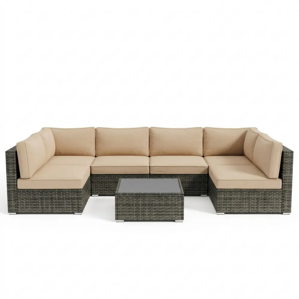 Ecksofa-Set aus Rattan mit Tisch Beige Kissen