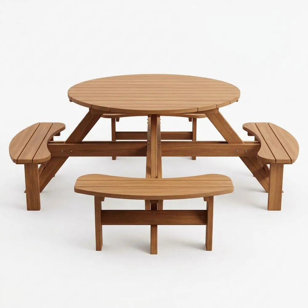 Runder Holztisch mit Bänken für den Außenbereich